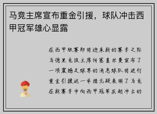 马竞主席宣布重金引援，球队冲击西甲冠军雄心显露
